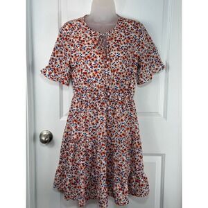 KIRUNDO Womens Floral Print Short Sleeve Tie Neck Tiered Ruffle Dress‎ Small S